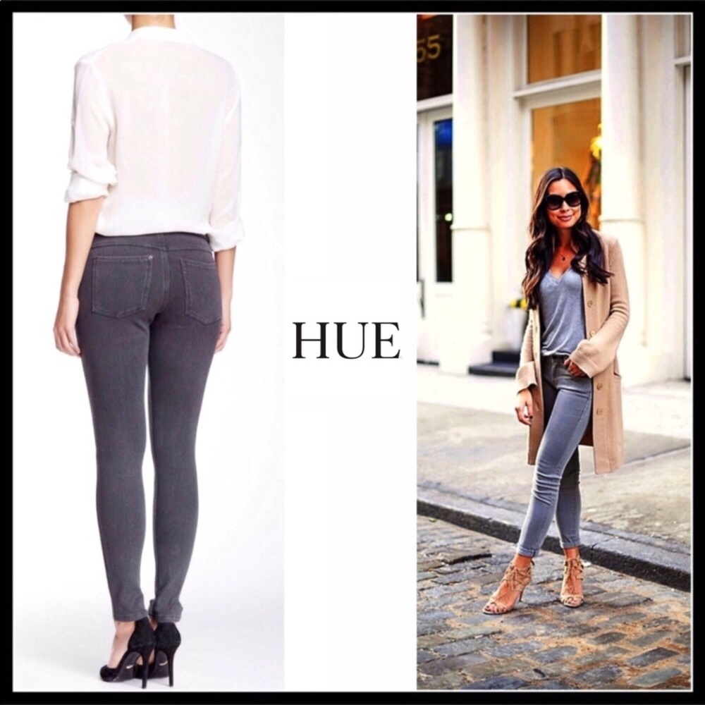 HUE GREY DENIM LEGGINGS SKINNY KNIT STRETCH PANTS - Picture 1 of 8